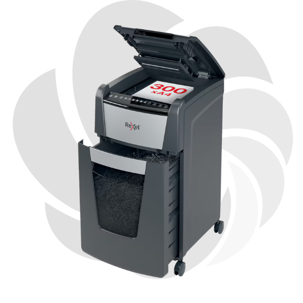 RESIGILAT Distrugator documente automat REXEL OPTIMUM 300X, P4, cross-cut (confeti), 300 coli, cos 60l, negru-gri