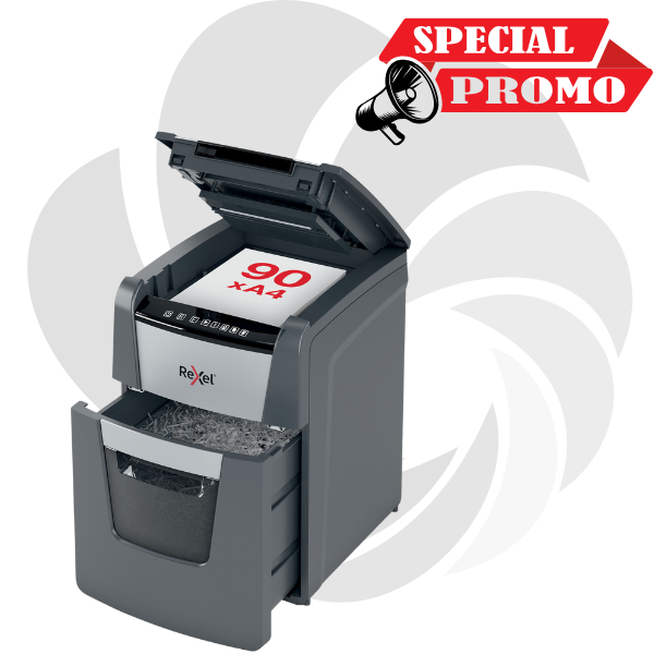 Distrugator documente automat REXEL OPTIMUM 90X, P4, cross-cut (confeti), 90 coli, cos 34l, negru-gri