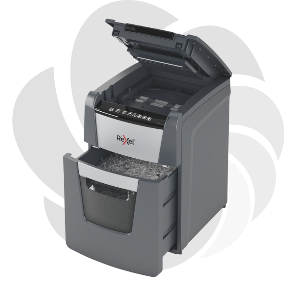 Distrugator documente automat REXEL OPTIMUM 100M, P5, micro-cut (particule), 100 coli, cos 34l, negru-gri