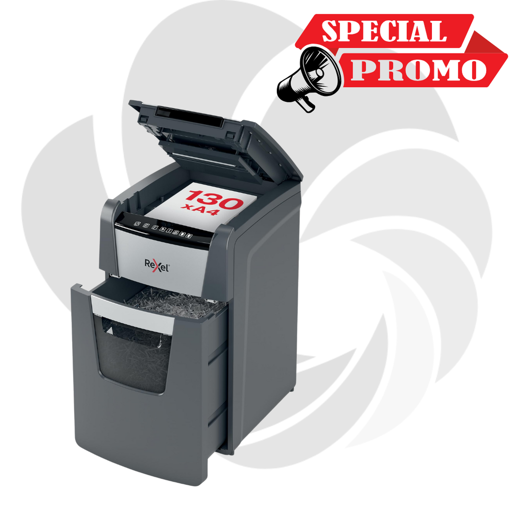 Distrugator documente automat REXEL OPTIMUM 130M, P5, micro-cut (particule), 130 coli, cos 44l, negru-gri