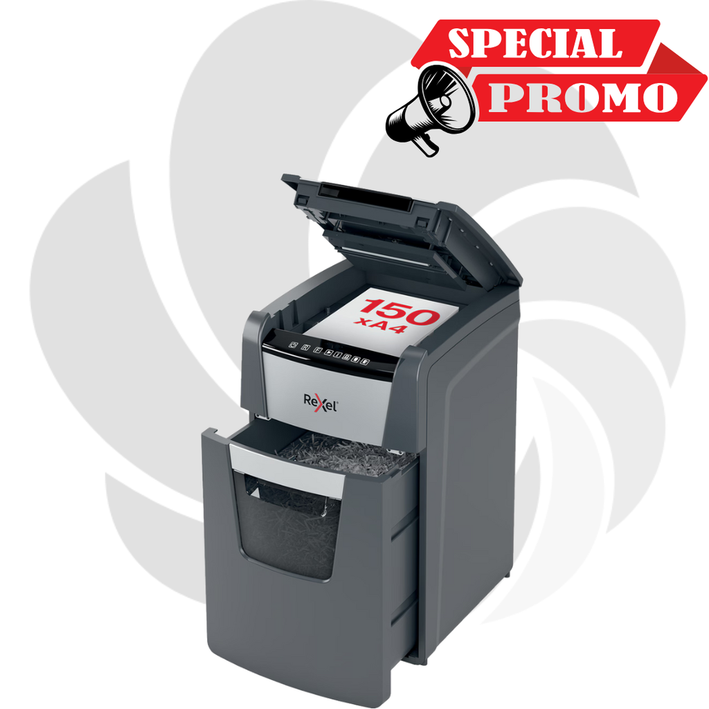 Distrugator documente automat REXEL OPTIMUM 150X, P4, cross-cut (confeti), 150 coli, cos 44l, negru-gri