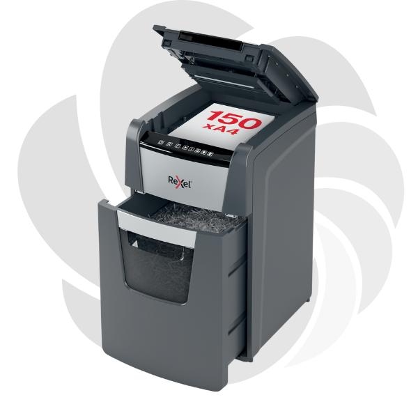 Distrugator documente automat REXEL OPTIMUM 150X, P4, cross-cut (confeti), 150 coli, cos 44l, negru-gri