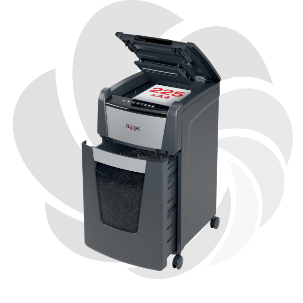 Distrugator documente automat REXEL OPTIMUM 225M, P5, micro-cut (particule), 225 coli, cos 60l, negru-gri