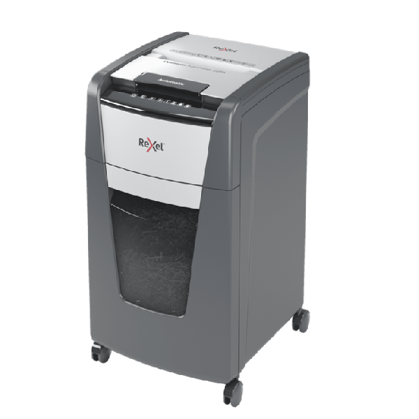 Distrugator documente automat REXEL OPTIMUM 300X, P4, cross-cut (confeti), 300 coli, cos 60l, negru-gri