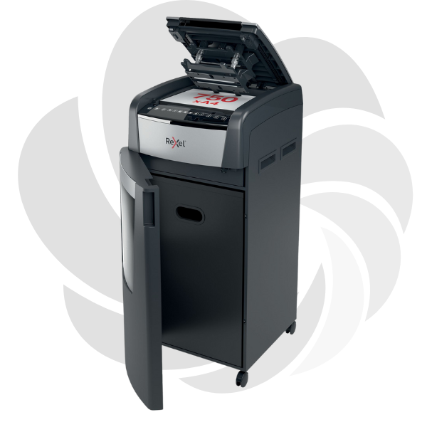 Distrugator documente automat REXEL OPTIMUM 750X, P4, cross-cut (confeti), 750 coli, cos 140l, negru-gri