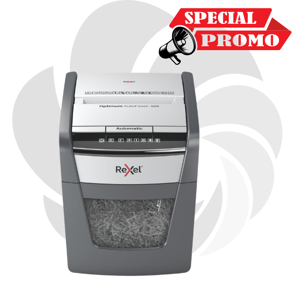 Distrugator documente automat REXEL OPTIMUM 50X, P4, cross-cut (confeti), 50 coli, cos 20l, negru-gri