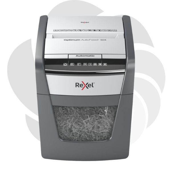 Distrugator documente automat REXEL OPTIMUM 50X, P4, cross-cut (confeti), 50 coli, cos 20l, negru-gri