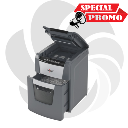 [2020100MEU] Distrugator documente automat REXEL OPTIMUM 100M, P5, micro-cut (particule), 100 coli, cos 34l, negru-gri