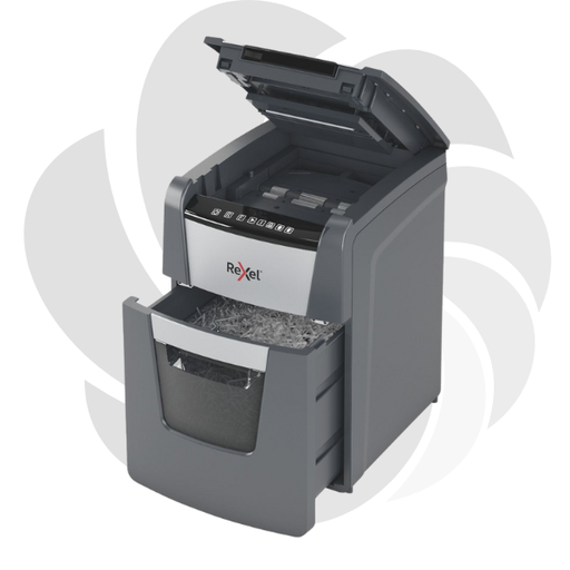 [2020100MEU] Distrugator documente automat REXEL OPTIMUM 100M, P5, micro-cut (particule), 100 coli, cos 34l, negru-gri