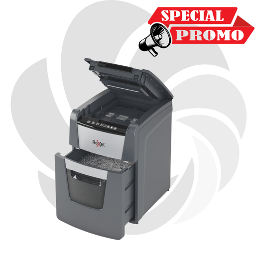 [2020100MEU] Distrugator documente automat REXEL OPTIMUM 100M, P5, micro-cut (particule), 100 coli, cos 34l, negru-gri