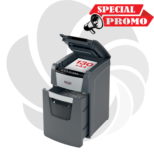 [2020130MEU] Distrugator documente automat REXEL OPTIMUM 130M, P5, micro-cut (particule), 130 coli, cos 44l, negru-gri