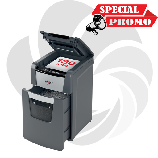 [2020130MEU] Distrugator documente automat REXEL OPTIMUM 130M, P5, micro-cut (particule), 130 coli, cos 44l, negru-gri