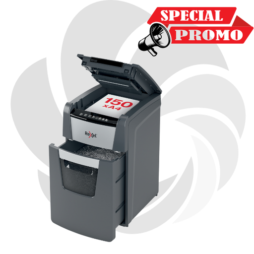 [2020150MEU] Distrugator documente automat REXEL OPTIMUM 150M, P5, micro-cut (particule), 150 coli, cos 44l, negru-gri
