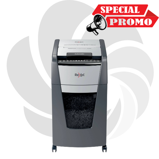 [2020300MEU] Distrugator documente automat REXEL OPTIMUM 300M, P5, micro-cut (particule), 300 coli, cos 60l, negru-gri