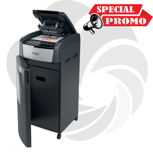 [2020750MEU] Distrugator documente automat REXEL OPTIMUM 750M, P5, micro-cut (particule), 750 coli, cos 140l, negru-gri