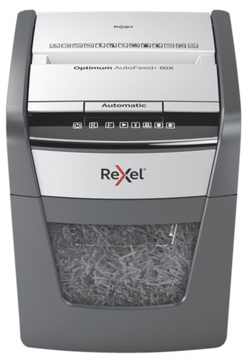 [2020050XEU] Distrugator documente automat REXEL OPTIMUM 50X, P4, cross-cut (confeti), 50 coli, cos 20l, negru-gri
